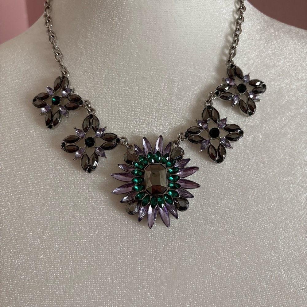 Emerald and Lavender Fashion Jewelry Statement Necklace, Rhinestones